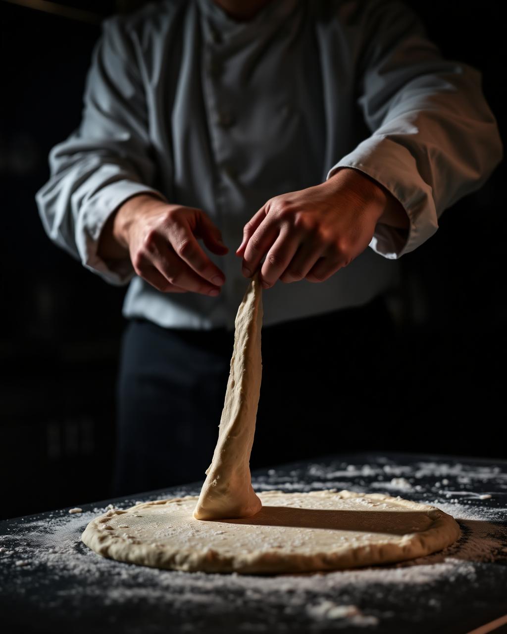 Mãos do pizzaiolo trabalhando a massa